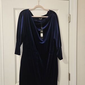 Fashion Nova One Shoulder Dress in Midnight Blue Velvet